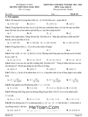 Đề Thi Cuối Kì 2 Toán 10 Năm 2023 - 2024 Trường THPT Phan Ngọc Hiển - Cà Mau