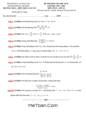 Đề thi học kì 2 môn Toán lớp 10 năm 2019 - 2020 trường Trần Cao Vân - TP.HCM