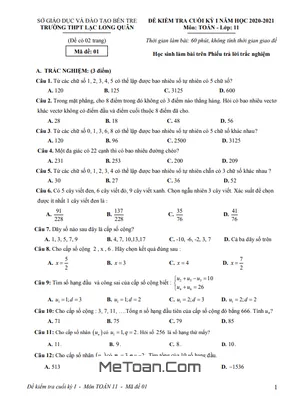 Đề thi HK1 Toán 11 năm 2020 - 2021 trường THPT Lạc Long Quân - Bến Tre