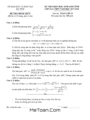 Đề thi chọn HSG tỉnh Toán 10 THPT năm học 2017 - 2018 sở GD&ĐT Hà Tĩnh