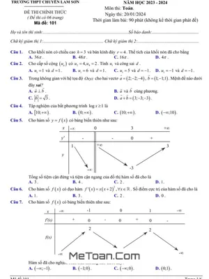 Đề KSCL Toán Thi THPT 2024 Trường Chuyên Lam Sơn - Thanh Hóa