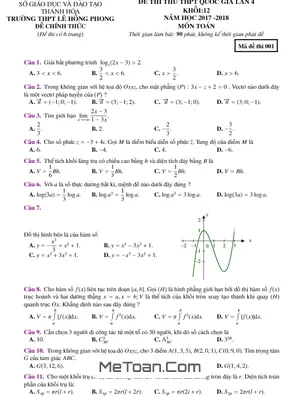 Đề thi thử Toán THPTQG 2018 trường THPT Lê Hồng Phong - Thanh Hóa lần 4 (có đáp án)