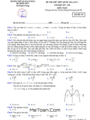 Đề thi thử Toán THPT Quốc gia 2018 trường THPT Quảng Xương 1 – Thanh Hóa (lần 1) có đáp án