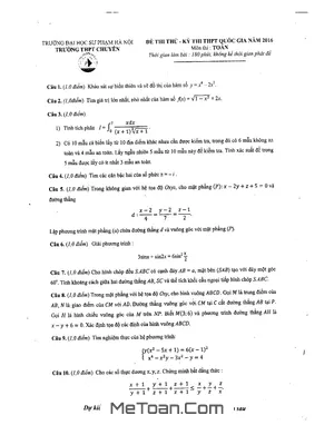 Đề thi thử THPT Quốc gia 2016 môn Toán trường Chuyên ĐHSP Hà Nội lần 4