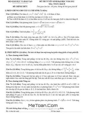 Đề thi và đáp án môn Toán khối B năm 2012 - Tuyển sinh Đại học