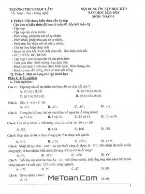 Ôn Tập Cuối Kỳ 1 Toán 6 Năm 2023 - 2024 Trường THCS Ngọc Lâm - Hà Nội