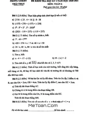 Đề thi HK1 Toán lớp 6 năm 2020 - 2021 phòng GD&ĐT Thái Thụy - Thái Bình