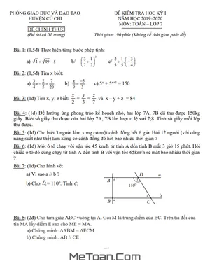 Đề thi học kỳ 1 Toán 7 năm 2019 - 2020 phòng GD&ĐT Củ Chi - TP HCM