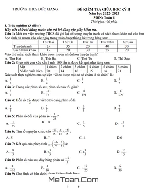 Đề thi giữa kì 2 Toán 6 năm 2022 - 2023 trường THCS Đức Giang - Hà Nội