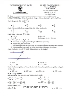 Đề Thi Giữa Học Kì 1 Toán 7 Năm 2022 - 2023 Trường TH & THCS Tây Hà Nội