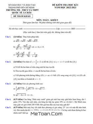 Đề Tham Khảo Cuối Kỳ 1 Toán 9 Năm 2022 - 2023 Trường Quốc Tế Á Châu - TP HCM