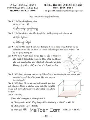 Đề thi học kì 2 Toán lớp 8 năm 2019 - 2020 trường THCS Kim Đồng - TP.HCM có lời giải