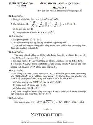 Đề khảo sát chất lượng Toán 9 năm 2023 - 2024 sở GD&ĐT Thái Bình