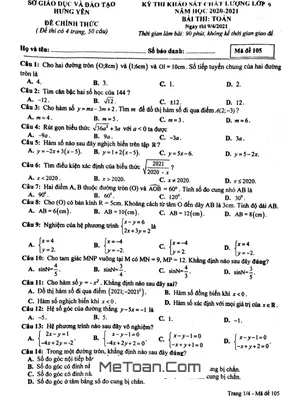 Đề khảo sát chất lượng Toán 9 năm 2020 - 2021 Sở GD&ĐT Hưng Yên
