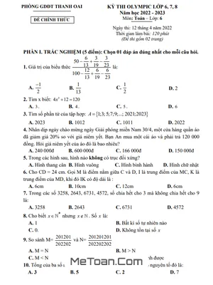 Đề thi Olympic Toán 6 năm 2022 - 2023 phòng GD&ĐT Thanh Oai - Hà Nội