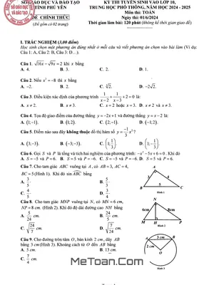 Đề Thi Vào Lớp 10 Môn Toán Phú Yên Năm 2024 - 2025