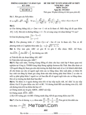 Đề thi thử Toán vào lớp 10 năm 2023 – 2024 phòng GD&ĐT Kỳ Anh – Hà Tĩnh