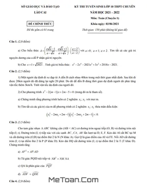 Đề thi tuyển sinh lớp 10 chuyên Toán Lào Cai năm 2021 - 2022 có lời giải
