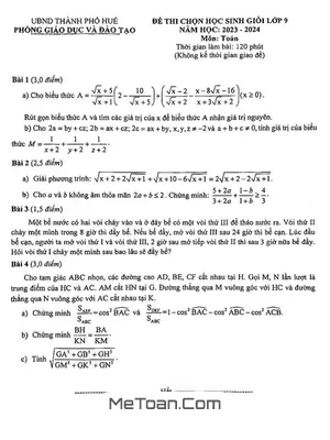 Đề thi học sinh giỏi Toán 9 năm 2023 - 2024 phòng GD&ĐT thành phố Huế