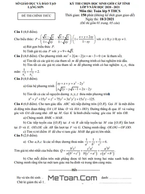 Đề thi học sinh giỏi cấp tỉnh Toán 9 năm 2020 - 2021 sở GD&ĐT Lạng Sơn