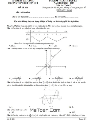 Đề giữa học kỳ 1 Toán 12 năm 2024 - 2025 trường THPT Hiệp Hòa 2 - Bắc Giang