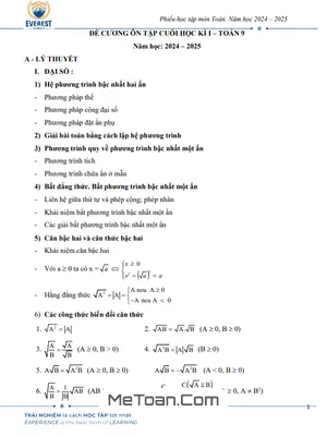 Đề Cương Ôn Tập Cuối Kì 1 Toán 9 Năm 2024 - 2025 Trường Everest Schools - Hà Nội