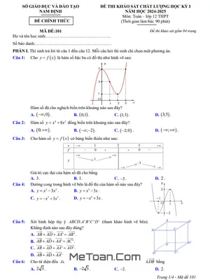 Đề thi học kỳ 1 Toán 12 năm 2024 - 2025 sở GD&ĐT Nam Định
