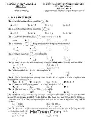 Đề giữa học kì 2 Toán 8 năm 2024 – 2025 phòng GD&ĐT Hiệp Hòa – Bắc Giang