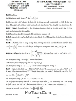 Đề Olympic Toán 11 năm 2020 - 2021 liên cụm trường THPT - Hà Nội