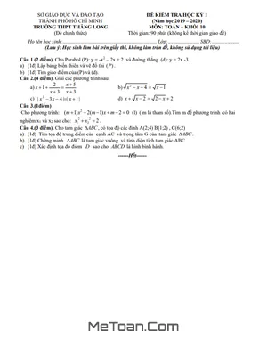 Đề thi HK1 Toán 10 năm 2019 - 2020 trường THPT Thăng Long - TP HCM