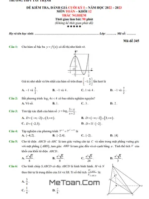 Đề Thi Cuối Kỳ 1 Toán 12 Năm 2022 - 2023 Trường THPT Tây Thạnh - TP.HCM