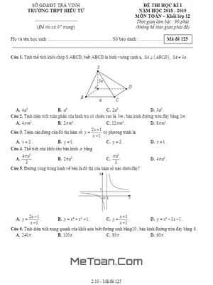 Tổng hợp Đề thi học kỳ 1 Toán 12 năm học 2018 – 2019 trường THPT Hiếu Tử – Trà Vinh (Có đáp án)