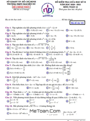 Đề thi giữa kì 2 Toán 10 năm 2020 - 2021 trường THPT Nguyễn Du - TP HCM