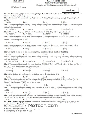 Đề kiểm tra cuối kì 2 Toán 10 năm 2023 - 2024 sở GD&ĐT Bắc Giang