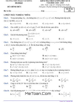 Đề thi HK2 Toán 10 năm 2018 - 2019 trường Phạm Văn Đồng - Quảng Ngãi