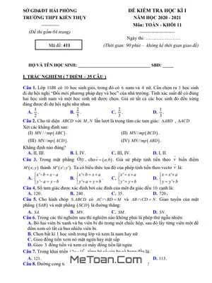 Đề thi HK1 Toán 11 năm 2020 - 2021 trường THPT Kiến Thụy - Hải Phòng