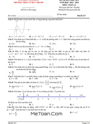 Đề Thi Bán Kì 1 Toán 12 Năm 2023 - 2024 Trường THPT Vũ Duy Thanh - Ninh Bình