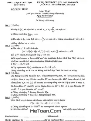 Đề thi chọn HSG Toán 12 Quốc gia năm 2024 - 2025 Sở GD&ĐT Sóc Trăng