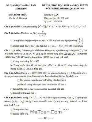 Đề thi chọn đội tuyển học sinh giỏi Toán năm 2021 Sở GD&ĐT Lâm Đồng