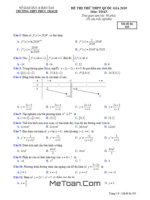 Đề thi thử Toán THPT Quốc gia 2019 lần 2 trường Phúc Trạch - Hà Tĩnh