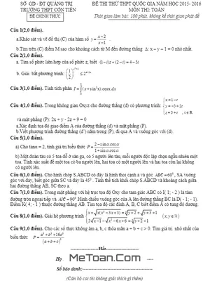 Đề thi thử THPT Quốc gia 2016 môn Toán trường Cồn Tiên – Quảng Trị (có đáp án)