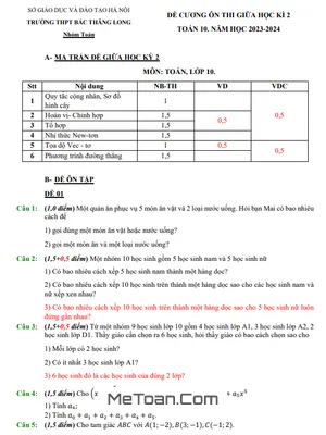 Đề Cương Ôn Tập Giữa Kỳ 2 Toán 10 Năm 2023 - 2024 Trường THPT Bắc Thăng Long - Hà Nội