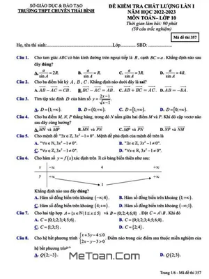 Đề kiểm tra chất lượng lần 1 Toán 10 năm 2022 – 2023 trường THPT chuyên Thái Bình