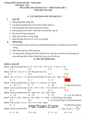 Đề Cương Ôn Tập Học Kỳ 1 Toán 8 Năm 2021 - 2022 Trường Chuyên Hà Nội - Amsterdam
