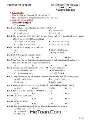 Đề Cương Ôn Tập Giữa Kỳ 1 Toán 6 Năm 2023 - 2024 Trường PT Thực Hành Sư Phạm - Đồng Nai