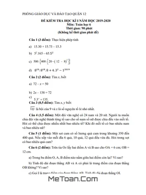 Đề thi học kỳ 1 Toán lớp 6 năm 2019 - 2020 phòng GD&ĐT Quận 12 - TP HCM
