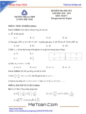 Đề thi học kì 1 Toán lớp 7 năm 2018 - 2019 trường Lương Thế Vinh - Hà Nội (có đáp án)