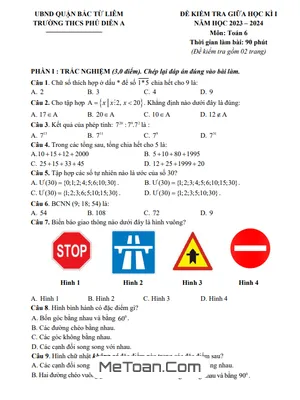 Đề thi giữa kì 1 Toán lớp 6 năm 2023 - 2024 trường THCS Phú Diễn A - Hà Nội
