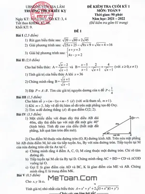 Đề thi Toán 9 cuối kỳ 1 năm 2021-2022 trường THCS Kiêu Kỵ - Hà Nội