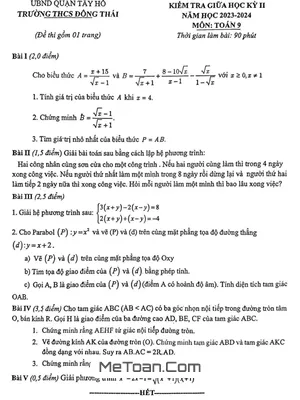 Đề thi giữa học kỳ 2 Toán 9 năm 2023 - 2024 trường THCS Đông Thái - Hà Nội